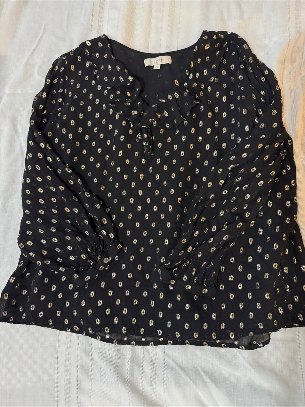 LOFT Black Blouse with Gold Dot Print and Ruffle V-Neck